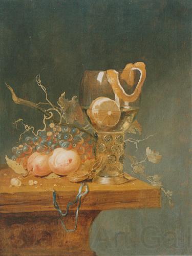 unknow artist Stilleben mit verschiedenen Fruchten, einem groben Romerglas und einer Uhr auf einer Tischkante